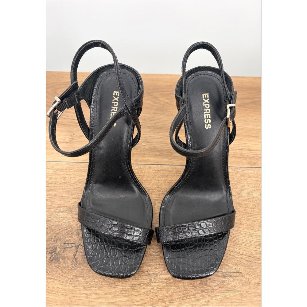 Express Black Croc Embossed Square Toe Stiletto Ankle Strap Heels - Picture 5 of 10